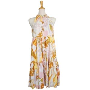 Nicole Miller Floral Linen Dress Halter Neck Women's M Tropical Beach